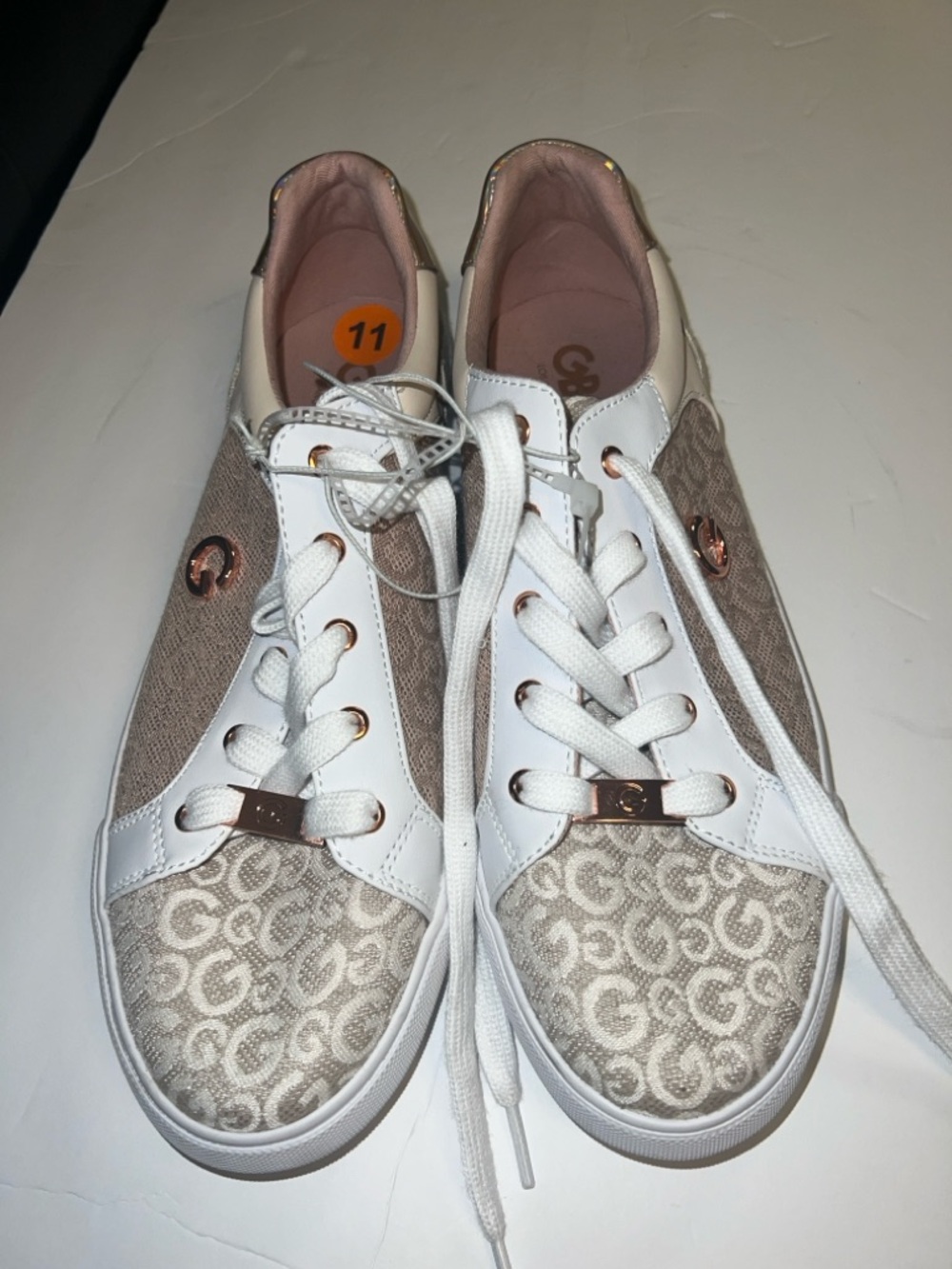 Guess White and Gold Monogram Lace-Up Sneakers for Women